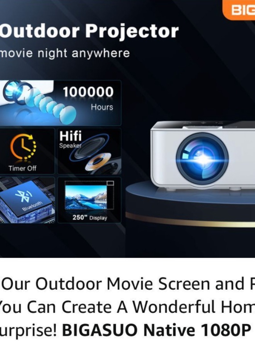 Outdoor Projector 4K Sup Bluetooth - Roku Holder Built In